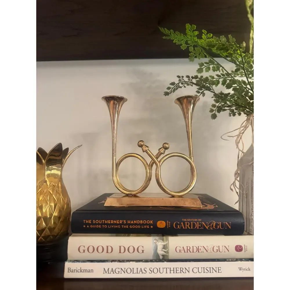 Vintage Enesco Brass French Horn Double Candleholder - Midcentury Shelf Decor
